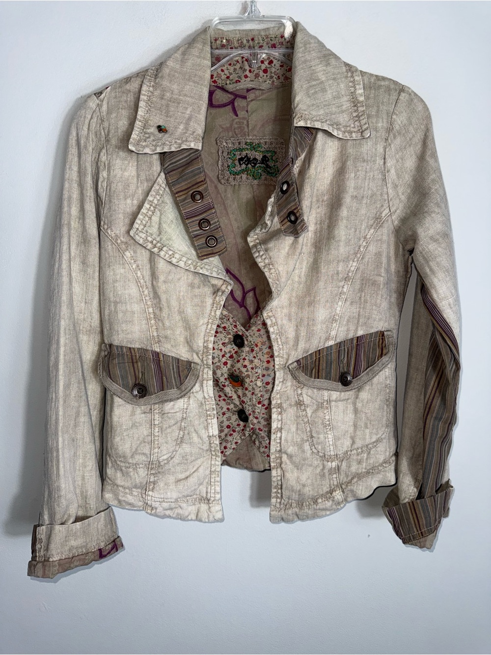 Vintage We-R Art To Wear Boho Jacket-Mixed Fabric-Tan-Stiched Design on Back-S